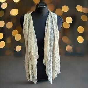 Festival Vest - Crochet and Lace Fringe Cardigan - Bohemian Boho Beige Size XL